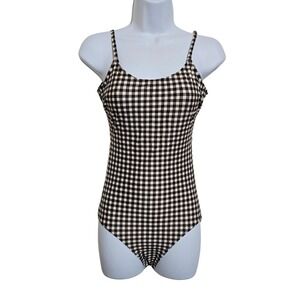 Brown Plaid Checkered One Piece Swimsuit Beach Resort Vacation Janela Bay XS